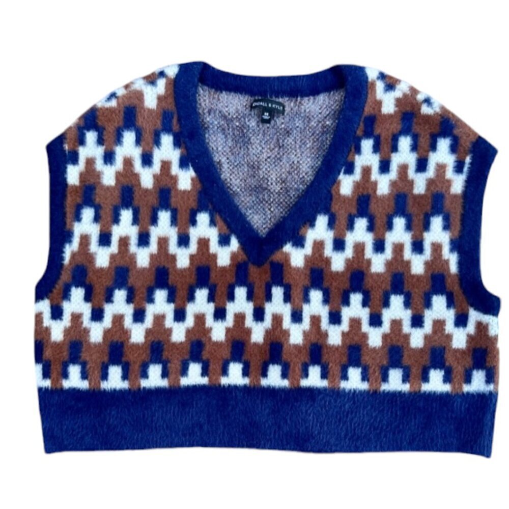 KENDALL + KYLIE Knitted Soft Fluffy Oversized V-Neck VEST Blue Brown White Med - Picture 3 of 10